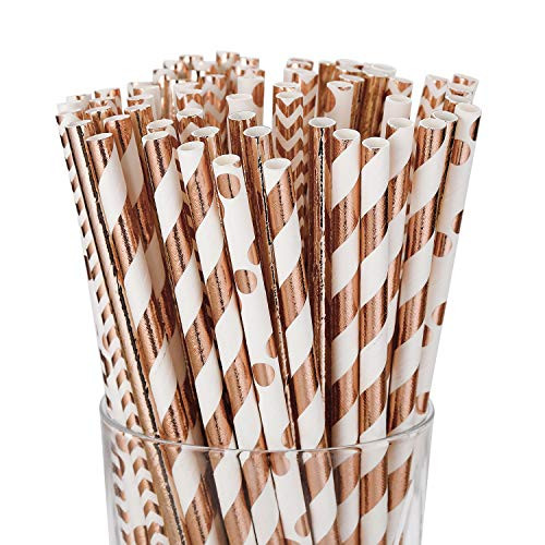 Biodegradable Paper Straws,100 Pack Rose Gold Paper Straws for Party Supplies, Birthday, Wedding, Bridal/Baby Shower Decorations and Holiday Celebrations