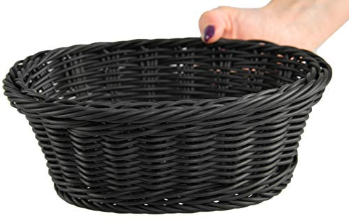 HOME-X Oval Plastic Woven Wicker Basket, Bread Baskets-Table Decor and Storage-Dark Gey- 9.5"L x 8"W x 3.5"H