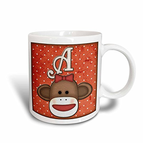 3dRose 102804_5 Cute Sock Monkey Girl Initial Letter A Two Tone Red Mug, 11 oz, White