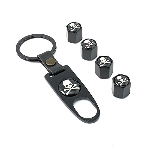 iDoood Car Tire Valve Stem Air Caps Cover + Keychain Black (Logo:For Poison Skull)