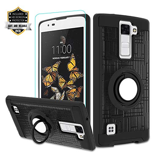 Atump LG K8 V Case, LG K8V (Verizon) Case with HD Screen Protector, LG K8 V Cellphone 360 Degree Rotating Ring Holder Kickstand for LG K8 V (2016)(VS500) Black