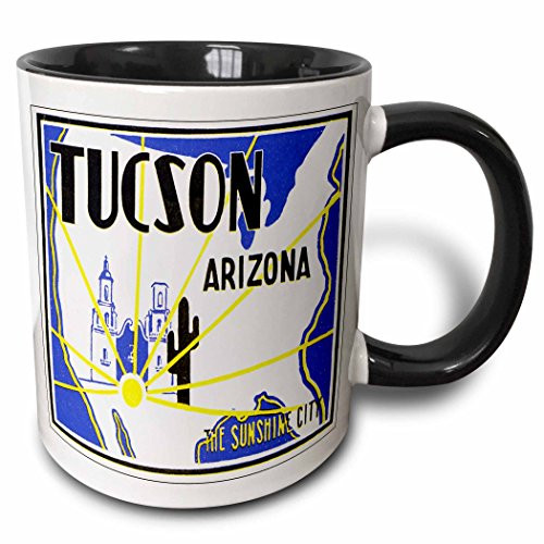 3dRose 180213_4 Tucson Arizona The Sunshine City Vintage Luggage Label Two Tone Mug, 11 oz, Black