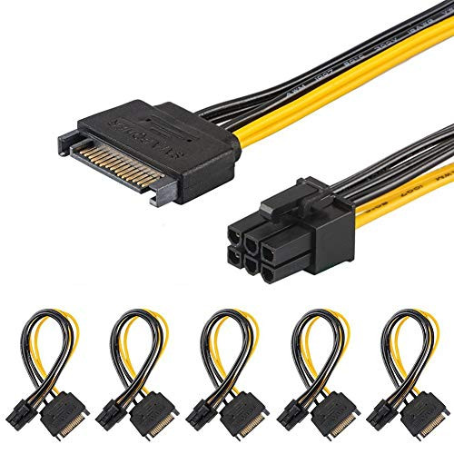 J&D 5-Pack SATA 15 Pin to 6 Pin PCI Express (PCIe) Graphics Video Card Power Cable Adapter (20 cm)
