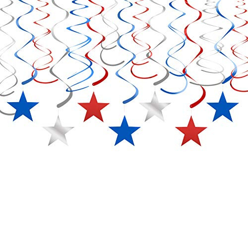 Red Blue Silver Star Hanging Swirl Decorations Stars Streamers Foil Swirls for Ceiling Decorations Graduation Party Supplies 4th of July Patriotic Decorations, Pack of 30