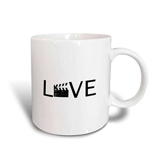 3dRose mug_180481_1 Love with Movie Clapper for O Filming Buff Film Making Black Text Ceramic Mug, 11-Ounce