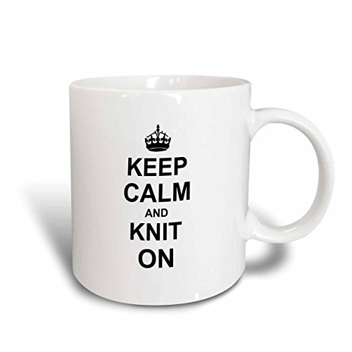 3dRose mug_157736_1 Keep Calm and Knit on Carry on Knitting Knitter Hobby Gifts Black Fun Funny Humor Humorous Ceramic Mug, 11-Ounce