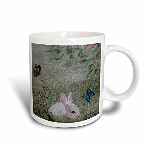 3dRose mug_44347_1 Bunny Rabbit in Grass with Butterflies Flying Nearby Ceramic Mug, 11-Ounce