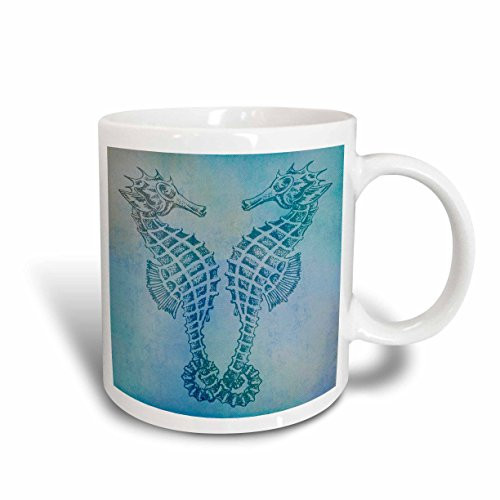 3dRose Aqua Seahorses Beach Theme Vintage Art Ceramic Mug, 11-Ounce