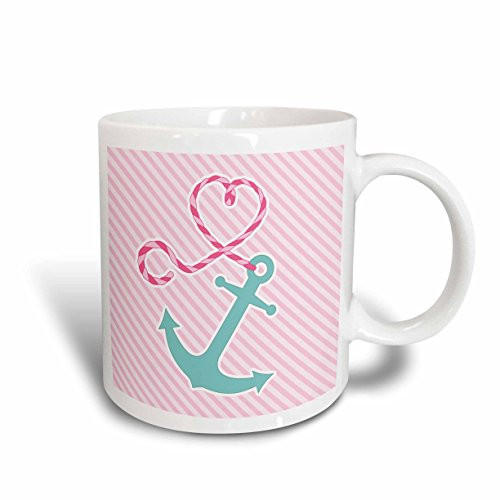 3dRose 165814_1 Cute Anchor And Heart Rope - Pink And Aqua Ceramic Mug 11 oz Multicolor