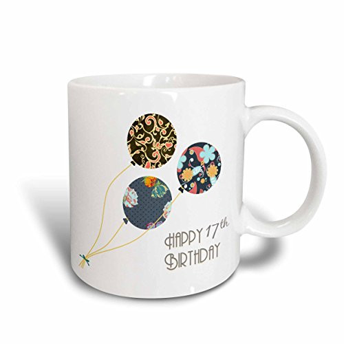 3dRose mug_161958_1 Happy 17Th Birthday Modern Stylish Floral Balloons Elegant Black Brown Blue 17 Year Old Bday Ceramic Mug, 11-Ounce
