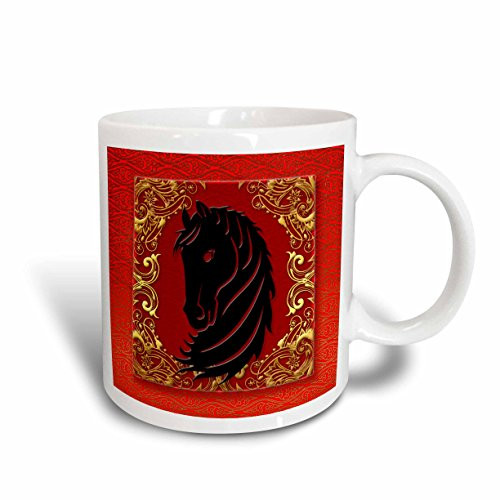 3dRose Chinese Zodiac Year of The Horse Chinese New Year Red Gold and Black Ceramic Mug, 11-Ounce