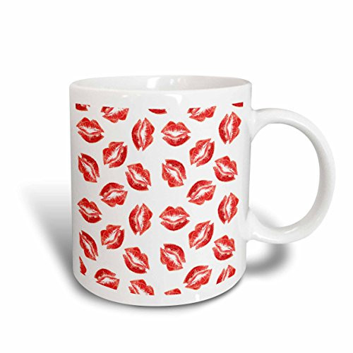 3dRose mug_56711_1"Flirty Hot Lips Pattern - Red Lipstick Kiss Marks Design on White - Girly Romantic and stylish" Ceramic Mug, 11 oz, Multicolor