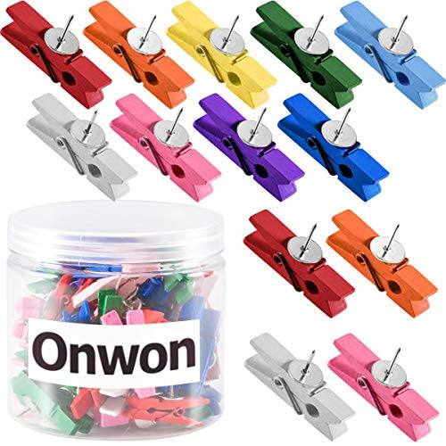 Onwon 50 Pieces Wooden Clips with Push Pins Wood Clip Thumbtack Clothespins Decorative Craft Paper Clips Pushpins Tacks for Notes Photos Cork Boards Bulletin Board Craft Projects