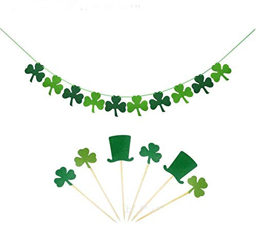 Astra Gourmet Felt Shamrock Clover Garland Banner & Cupcake Toppers - St. Patrick 's Day Banner Decor - St. Patrick 's Day Garland Decorations - Irish Party Supplies