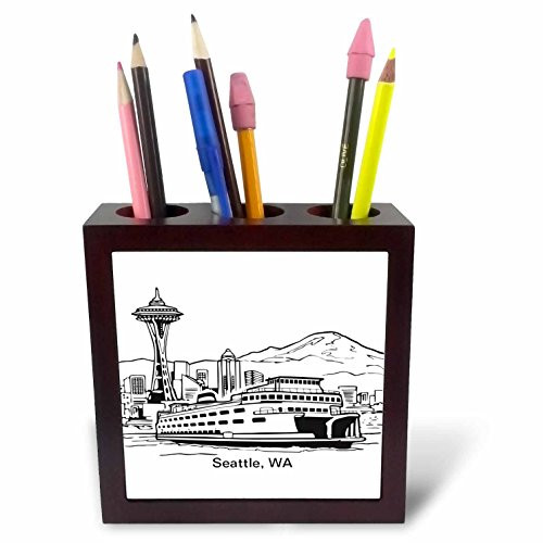 3dRose ph_14268_1 Seattle, WA Ferry and Space Needle Tile Pen Holder, 5-Inch