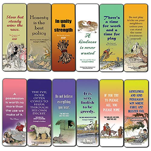 Aesop's Fables Bookmark Cards (12-Pack) - Reading Gifts for Children Kids Boys Girls - Vintage Bookworm Literary Classic Fairy Tales Moral Stories Stocking Stuffers