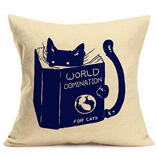 Fukeen Adorable Animal Cat Reading Books Throw Pillow Cover World Domination for Cats Decorative Pillow Cases Cushion Cover Cotton Linen Home Sofa Couch Decor Square Pillowcase 18x18 Cat Lover Gifts