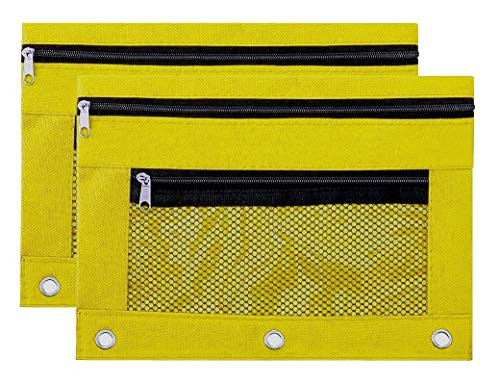 Binder Pencil Pouch Zipper with 3 Ring and Double Pocket and Mesh Window(Yellow, 2 Packs)