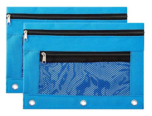 Binder Pencil Pouch Zipper with 3 Ring and Double Pocket and Mesh Window(Blue,2 Pack)