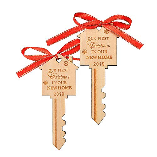 LEJHOME 2 Pcs Our First Christmas in Our New Home Key Wood Christmas Ornament 2019 Christmas Gift for Housewarming and Holiday Decoration