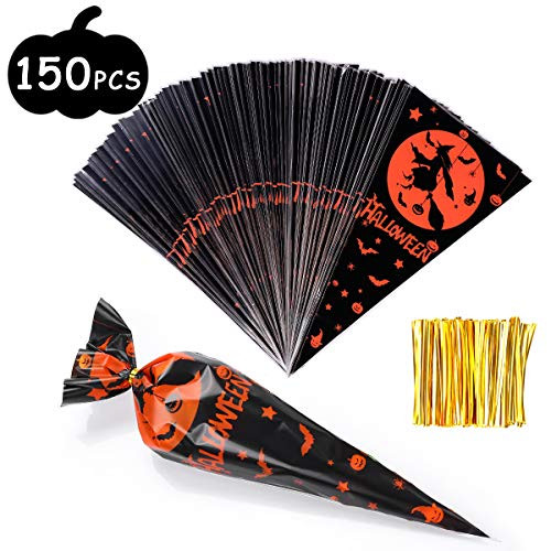 Halloween Cone Candy Bags, 150pcs Cellophane Treat Goodie Bags with 150pcs Twist Ties for Halloween Gift Bags, Trick or Treat Bags, Halloween Party Favors Bags