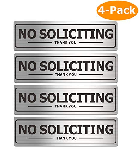 No Soliciting Sign for House, Metal Self-Adhesive Signs for Door Wall, Aluminum Soliciting Signboard for Business Office Home (4 Pack, 7×2 inches)