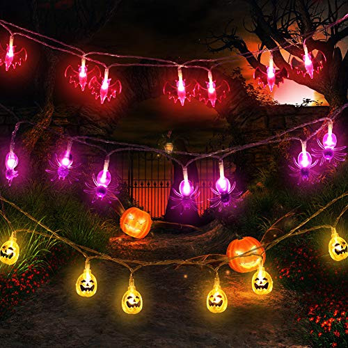 NockNock Halloween Lights 3 Pack Twinkle Pumpkin Spider Bat String Lights Total 30ft 60 LED Battery Operated Fairy Decor Lights Indoor Outdoor for Halloween Party