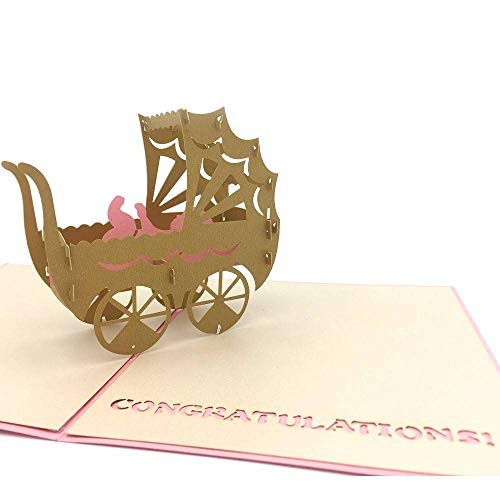 Nosto Stroller 3D Pop Up Card, Congratulations Greeting Card for New Baby Girl