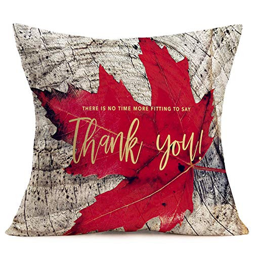 Smilyard Autumn Leaf Throw Pillow Covers Fall Red Maple Leaf Decorative Thanksgiving Gift Pillow Case Cotton Linen Thank You Quote Pillowcase Cushion Cover for Sofa, Couch, 18x18 Inch(Maple Leaf)