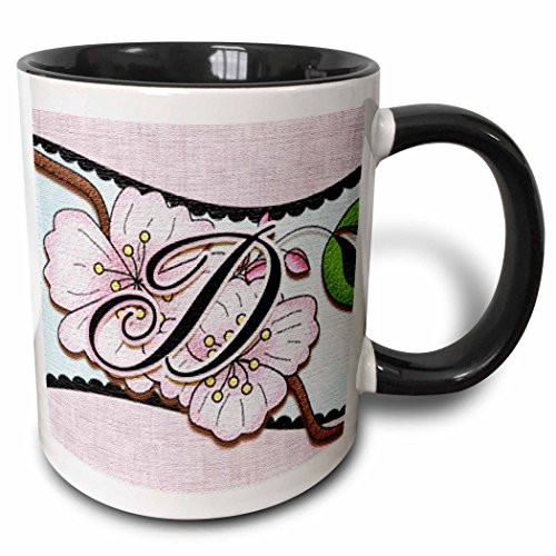 3dRose 102752_4 Cherry Blossom Flower Monogram Initial D Two Tone Mug, 11 oz, Black/White