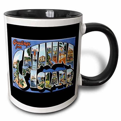 3dRose 160725_4 Greetings from Catalina Bold Letters Holding Scenes from The Island Two Tone Mug, 11 oz, Black