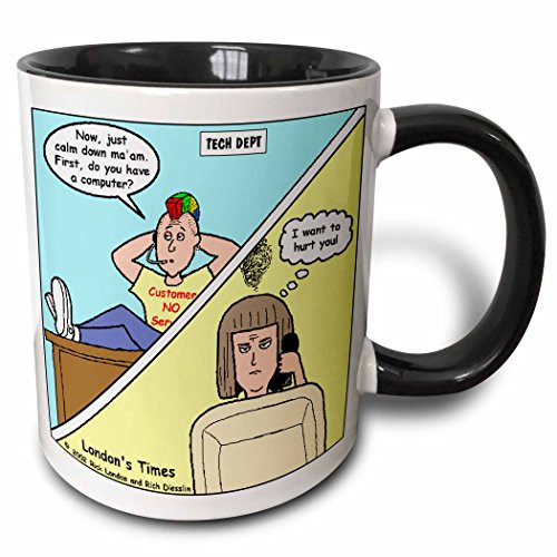 3dRose mug_1511_4"Typical Techie Help Departments Two Tone black" Mug, 11 oz, Black/White