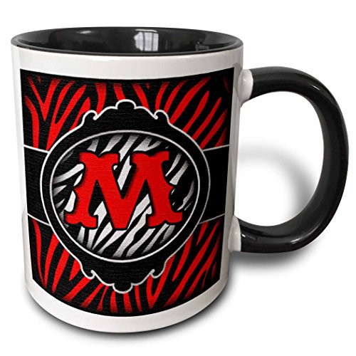 3dRose 102900_4 Wicked Red Zebra Initial Letter M Two Tone Mug, 11 oz, Black/White