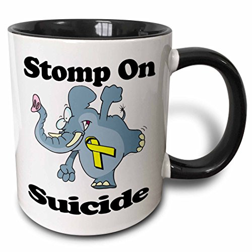 3dRose 114650_4 Elephant Stomp On Suicide Awareness Ribbon Cause Design Two Tone Mug 11 oz Black/White