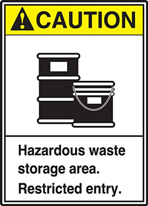 Accuform MRHL602VS Sign, Legend"Caution Hazardous Waste Storage Area. Restricted Entry", 10" Length x 7" Width x 0.004" Thickness, Adhesive Vinyl, 10" x 7", Yellow/Black on White
