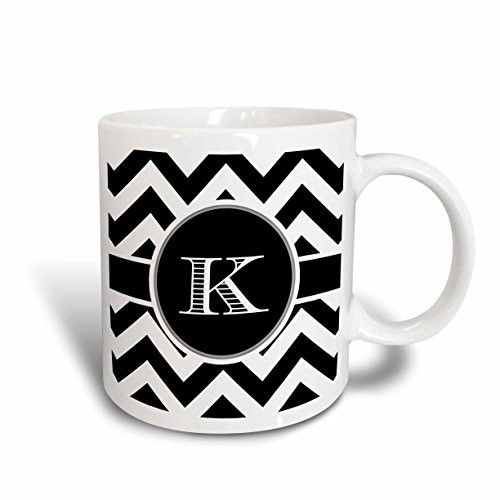3dRose 222073_2 Black And White Chevron Monogram Initial K Ceramic Mug, 15 oz,