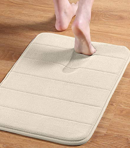 Memory Foam Coral Velvet Non Slip Bathroom Mat Slip-Resistant Extra Absorbent Bath Mat Set Non Slip Dry Fast Bath Mat, 17W X 24L Inches (Ivory White Striped Pattern)