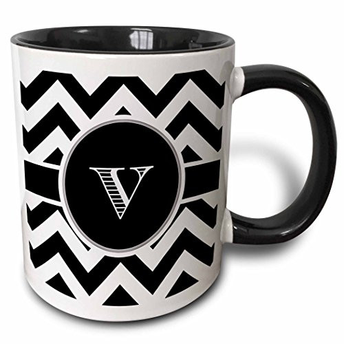 3dRose 222084_4"Black and White Chevron Monogram Initial V Mug, 11 oz