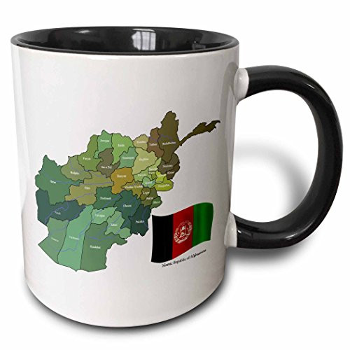 3dRose 99098_4 The The map and flag of the Islamic Republic of Afghanistan with all the provinces marked Two Tone Black Mug, 11 oz, White