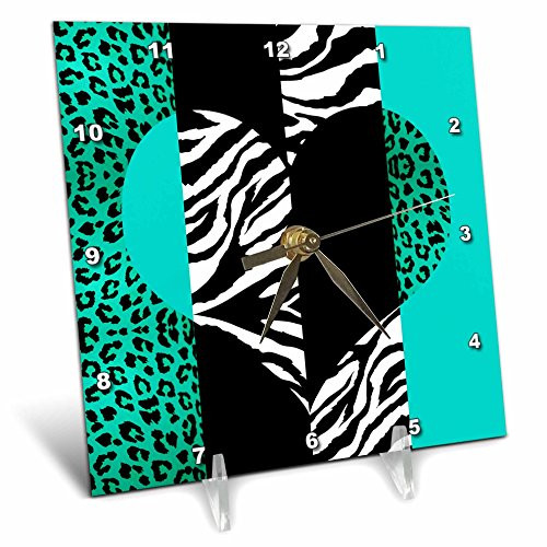 3dRose dc_35445_1 Aqua Blue Black and White Animal Print Leopard and Zebra Heart Desk Clock, 6 by 6-Inch
