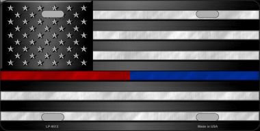 Smart Blonde U.S. Flag With Police And Firefighter Line Metal License Plate