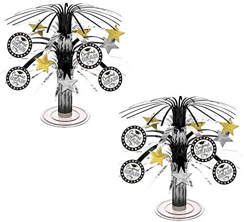 Amscan Black, Silver and Gold Graduation Party Caps and Stars Mini Cascade Table Centerpiece Decoration, Foil, 7 (2-Pack)