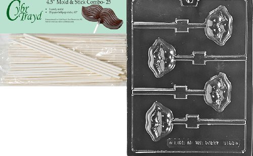 Cybrtrayd 45St25-V164 Luscious Lips Lolly Valentine Chocolate Candy Mold with 25 4.5-Inch Lollipop Sticks
