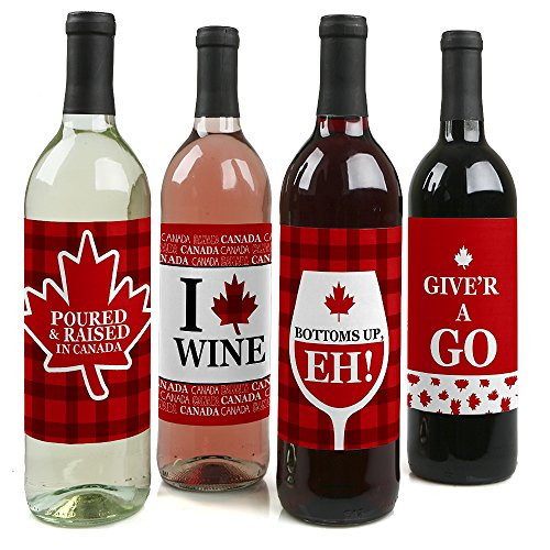 Canada Day - Canadian Party Decorations for Women and Men - Wine Bottle Label Stickers - Set of 4