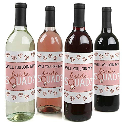 Will You Join My Bride Squad? - Rose Gold Will You Be My Bridesmaid Decorations for Women - Wine Bottle Label Stickers - Set of 4