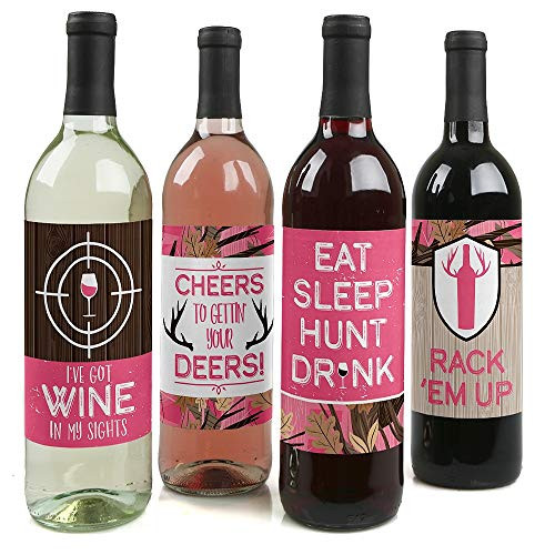 Pink Gone Hunting - Deer Hunting Girl Camo Baby Shower or Birthday Party Decorations for Women and Men - Wine Bottle Label Stickers - Set of 4