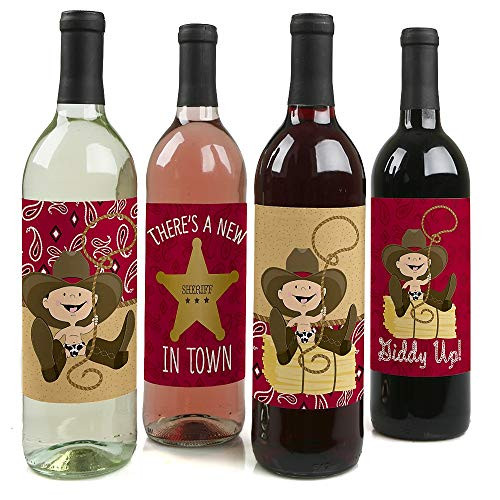 Little Cowboy - Western Baby Shower or Birthday Party Decorations for Women and Men - Wine Bottle Label Stickers - Set of 4