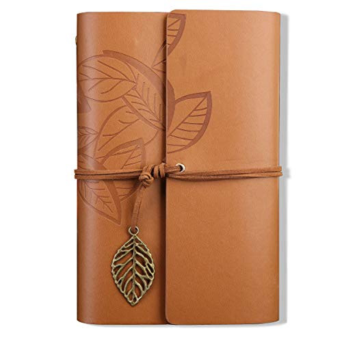 Leather Writing Journal Notebook, Twoworld Small Vintage Blank String Diary Notepad Sketchbook Travel to Write in, Unlined Paper, Retro Leaves Pendants 7.2"(Brownish Yellow)