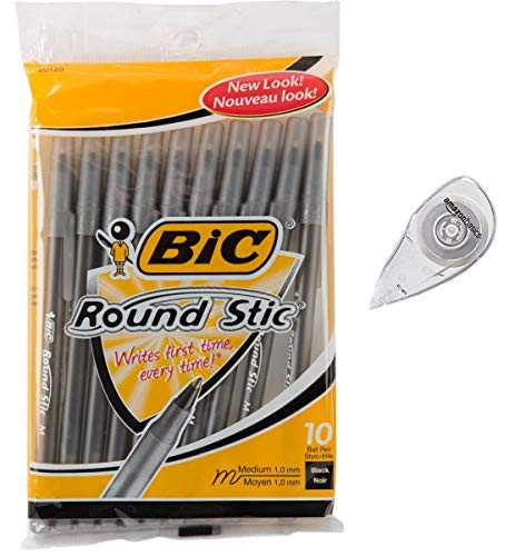 BIC Round Stic Ballpoint Pens Black 10/Package with Correction Tape