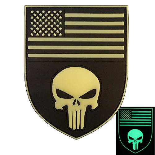 LEGEEON 3D Glow Dark Punisher Shield USA American Flag PVC Rubber Hook&Loop Patch
